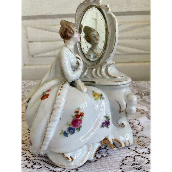 Antique 1940s Porcelain Lady Mirror Fairing/Powder.Trinket box - Picture 1 of 16